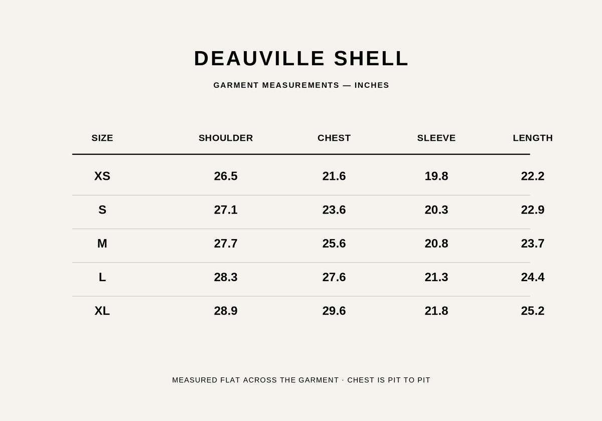 Deauville Shell size chart